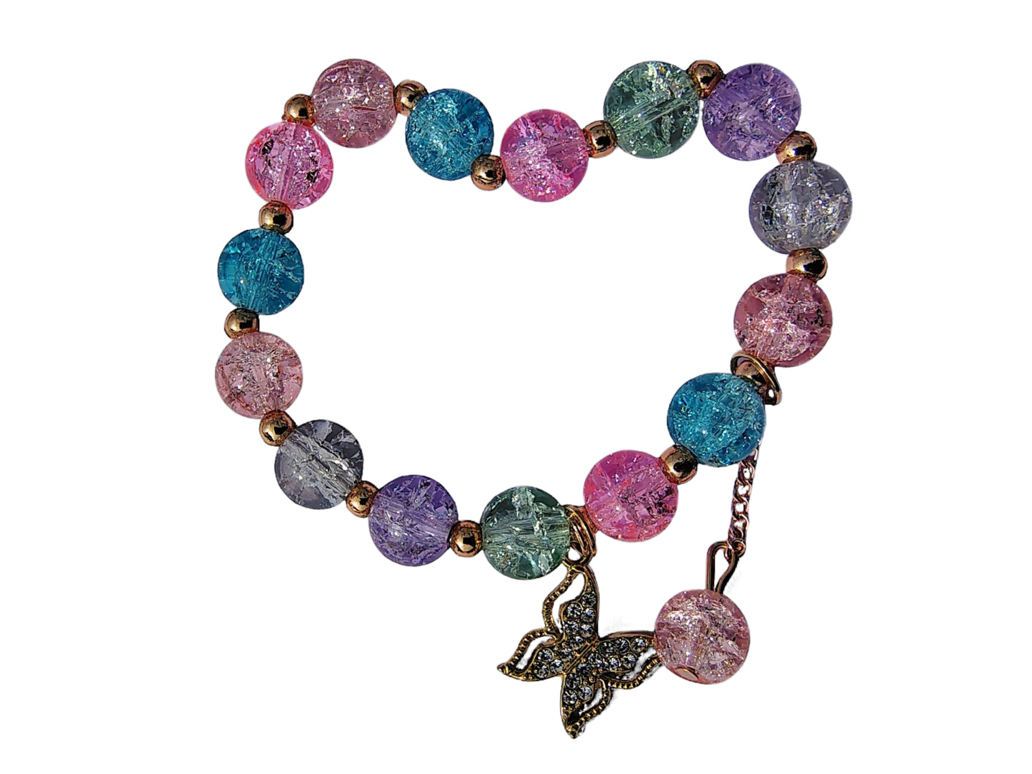 Pookie Box – Crackle Glass Beaded Bracelet (Multicolor) with Gold Heart Diamond Charm