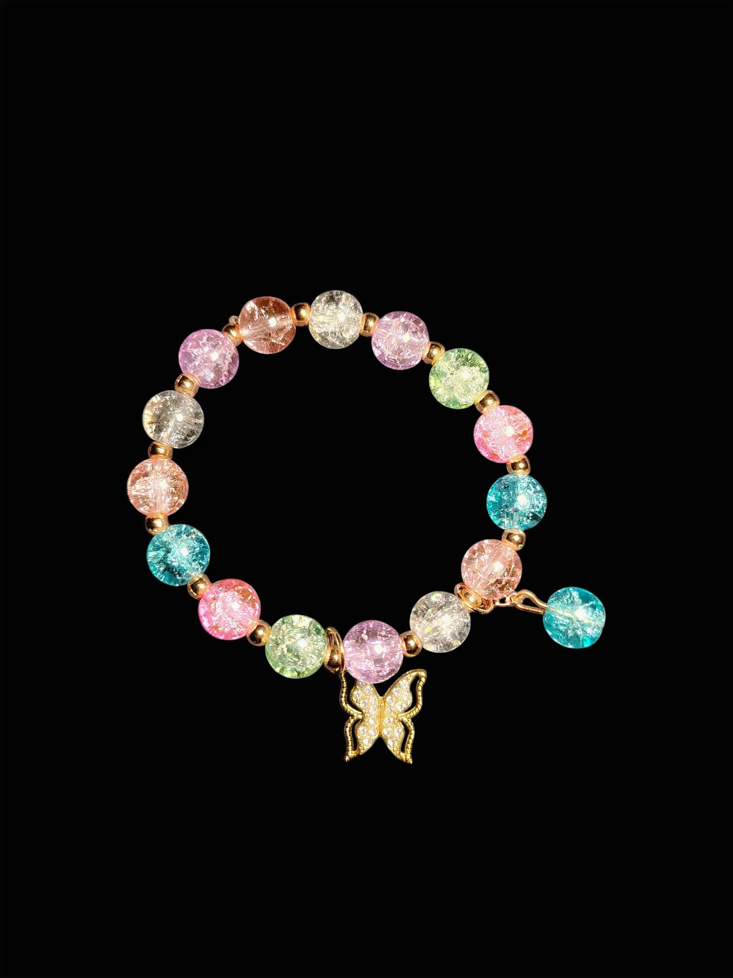 Pookie Box – Crackle Glass Beaded Bracelet (Multicolor) with Gold Heart Diamond Charm