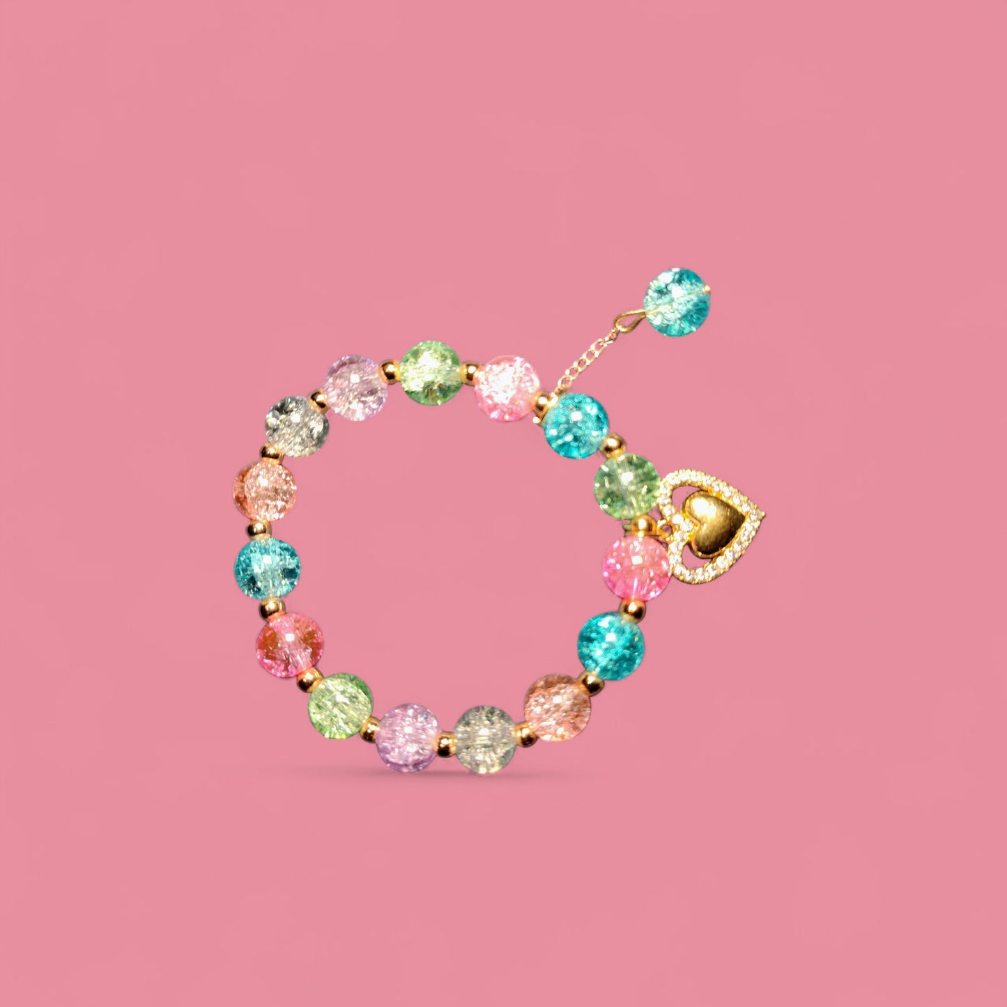 Pookie Box – Crackle Glass Beaded Bracelet (Multicolor) with Gold Heart Diamond Charm