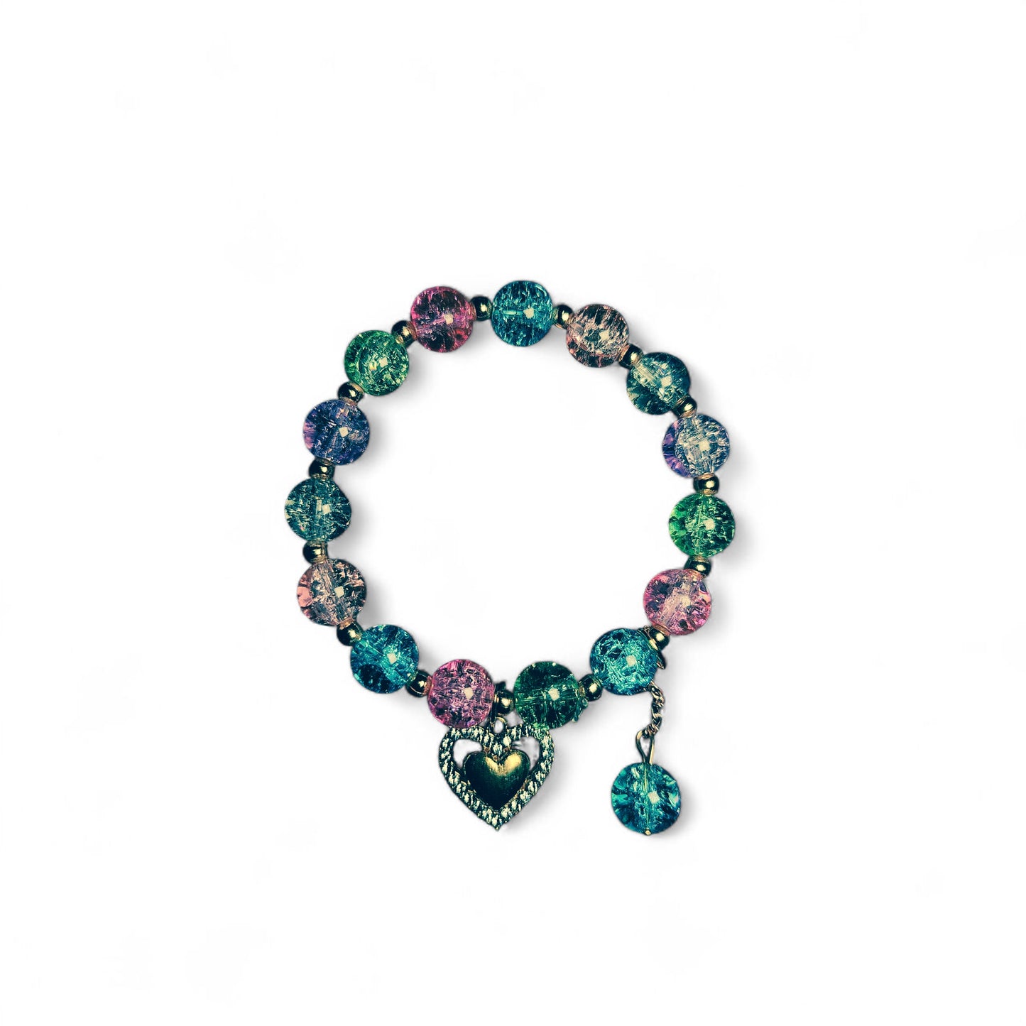 Pookie Box – Crackle Glass Beaded Bracelet (Multicolor) with Gold Heart Diamond Charm