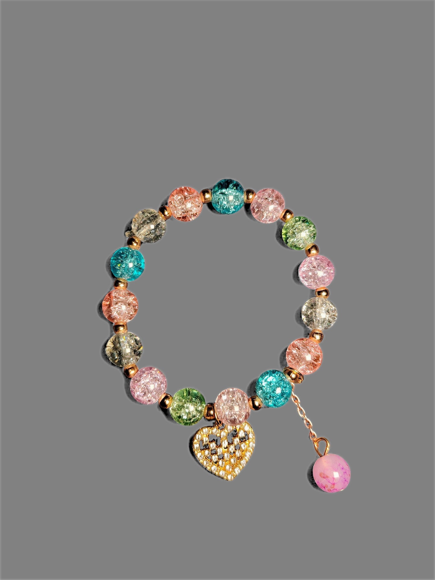 Pookie Box – Crackle Glass Beaded Bracelet (Multicolor) with Gold Heart Diamond Charm