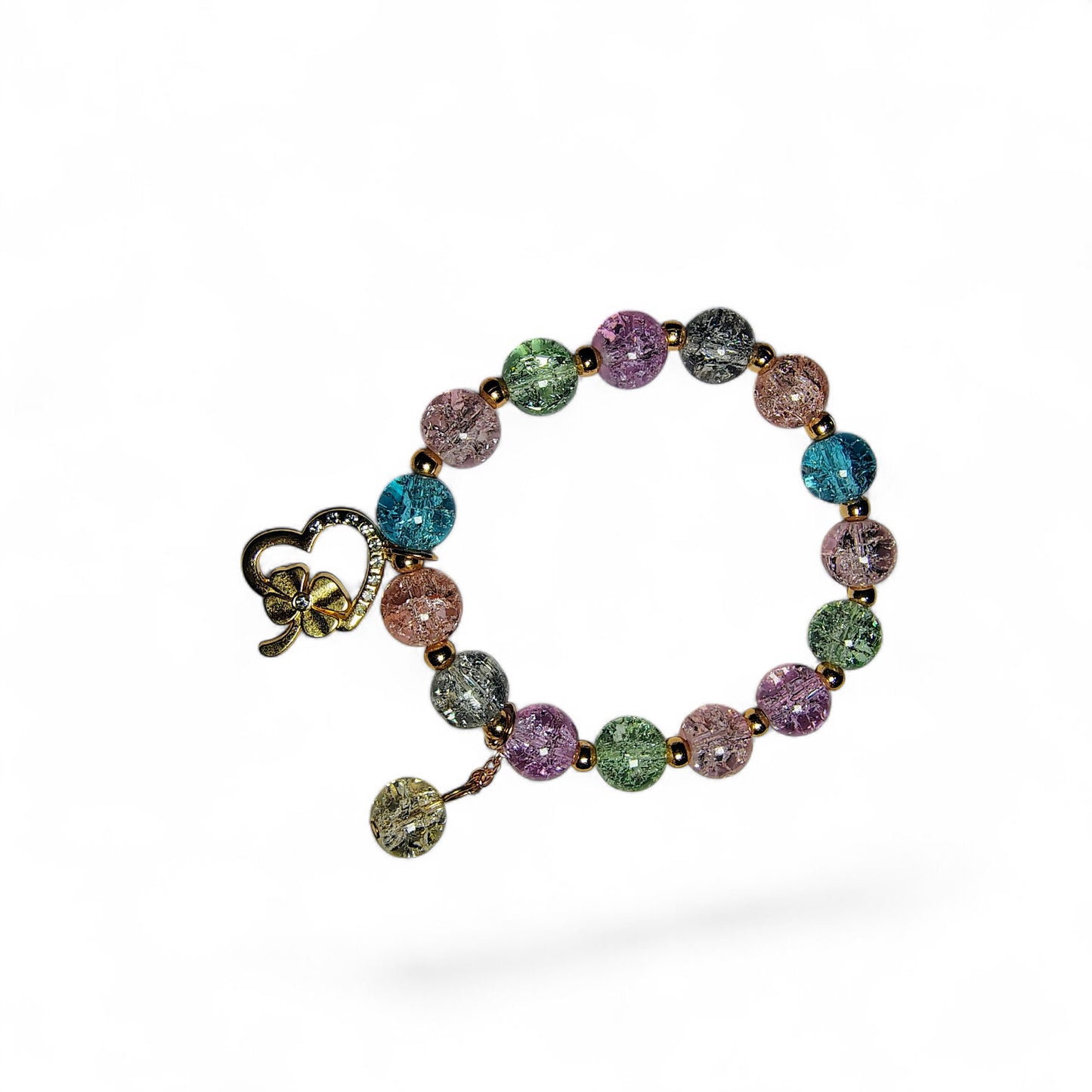 Pookie Box – Crackle Glass Beaded Bracelet (Multicolor) with Gold Heart Diamond Charm