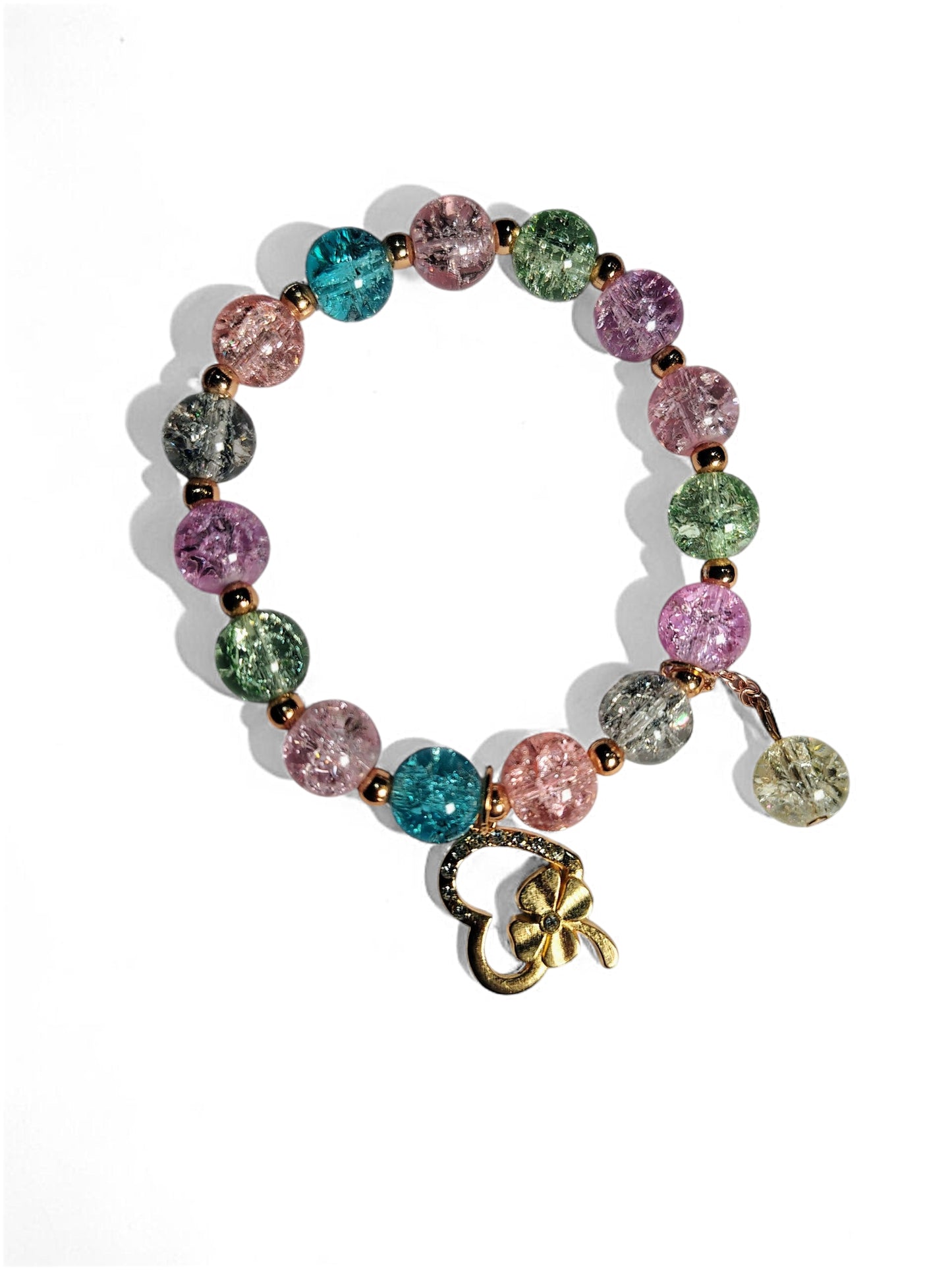 Pookie Box – Crackle Glass Beaded Bracelet (Multicolor) with Gold Heart Diamond Charm
