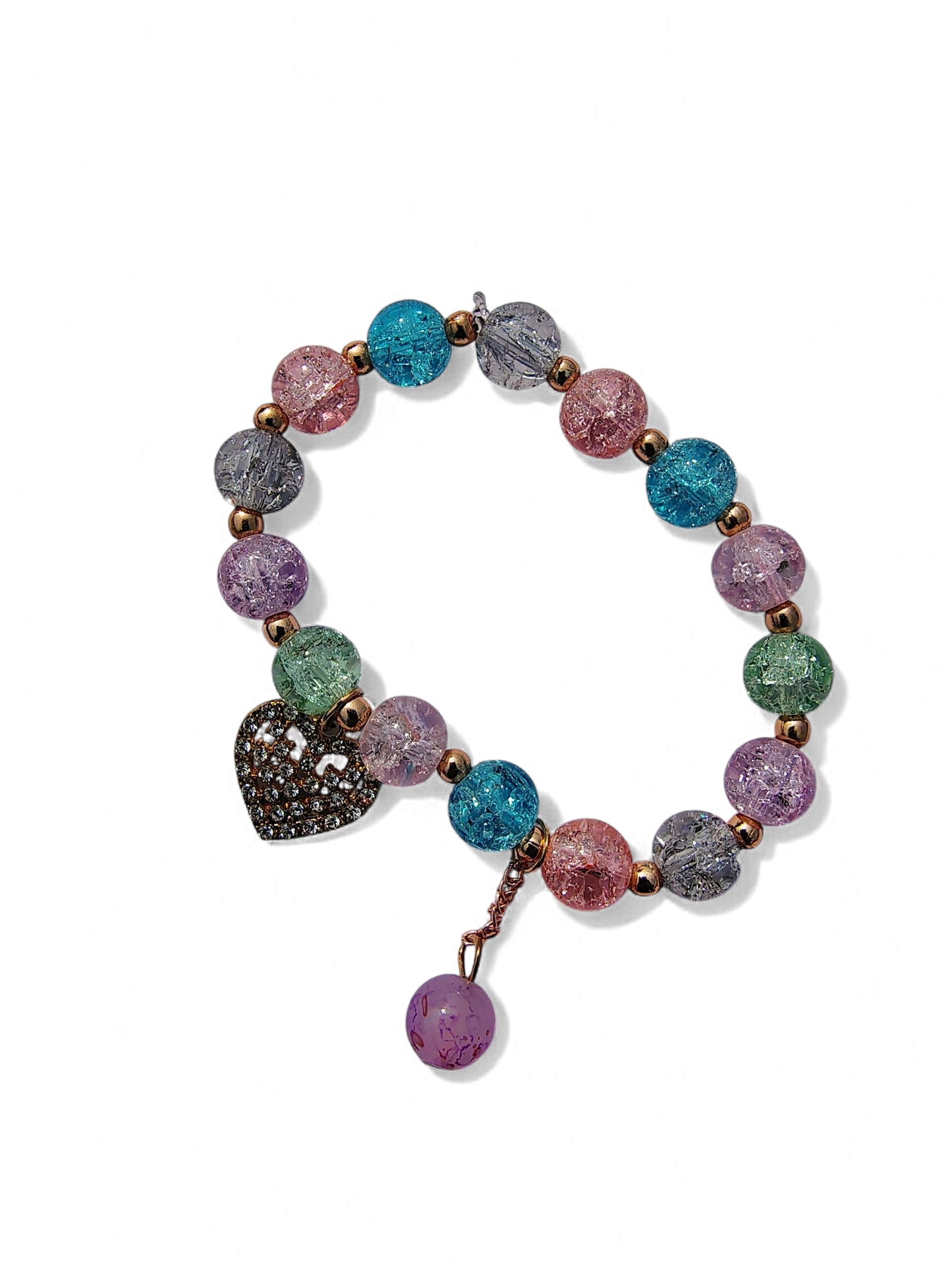 Pookie Box – Crackle Glass Beaded Bracelet (Multicolor) with Gold Heart Diamond Charm