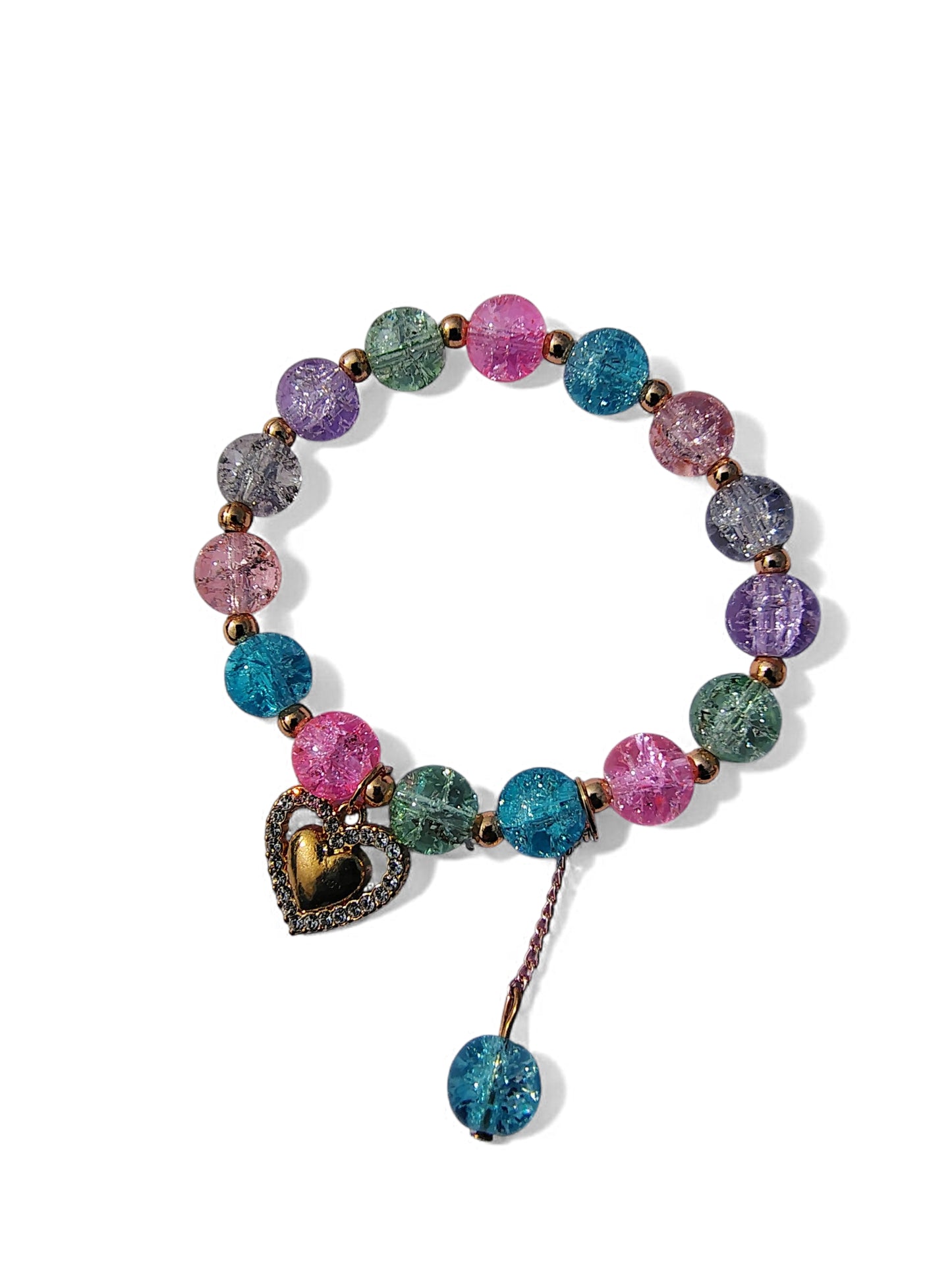 Pookie Box – Crackle Glass Beaded Bracelet (Multicolor) with Gold Heart Diamond Charm
