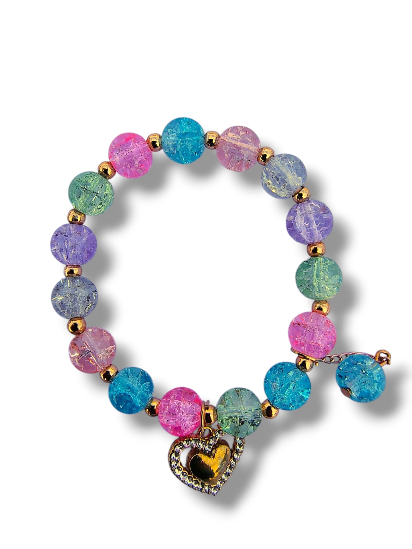 Pookie Box – Crackle Glass Beaded Bracelet (Multicolor) with Gold Heart Diamond Charm