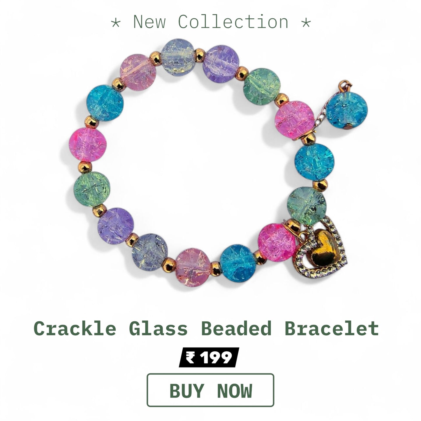 Pookie Box – Crackle Glass Beaded Bracelet (Multicolor) with Gold Heart Diamond Charm