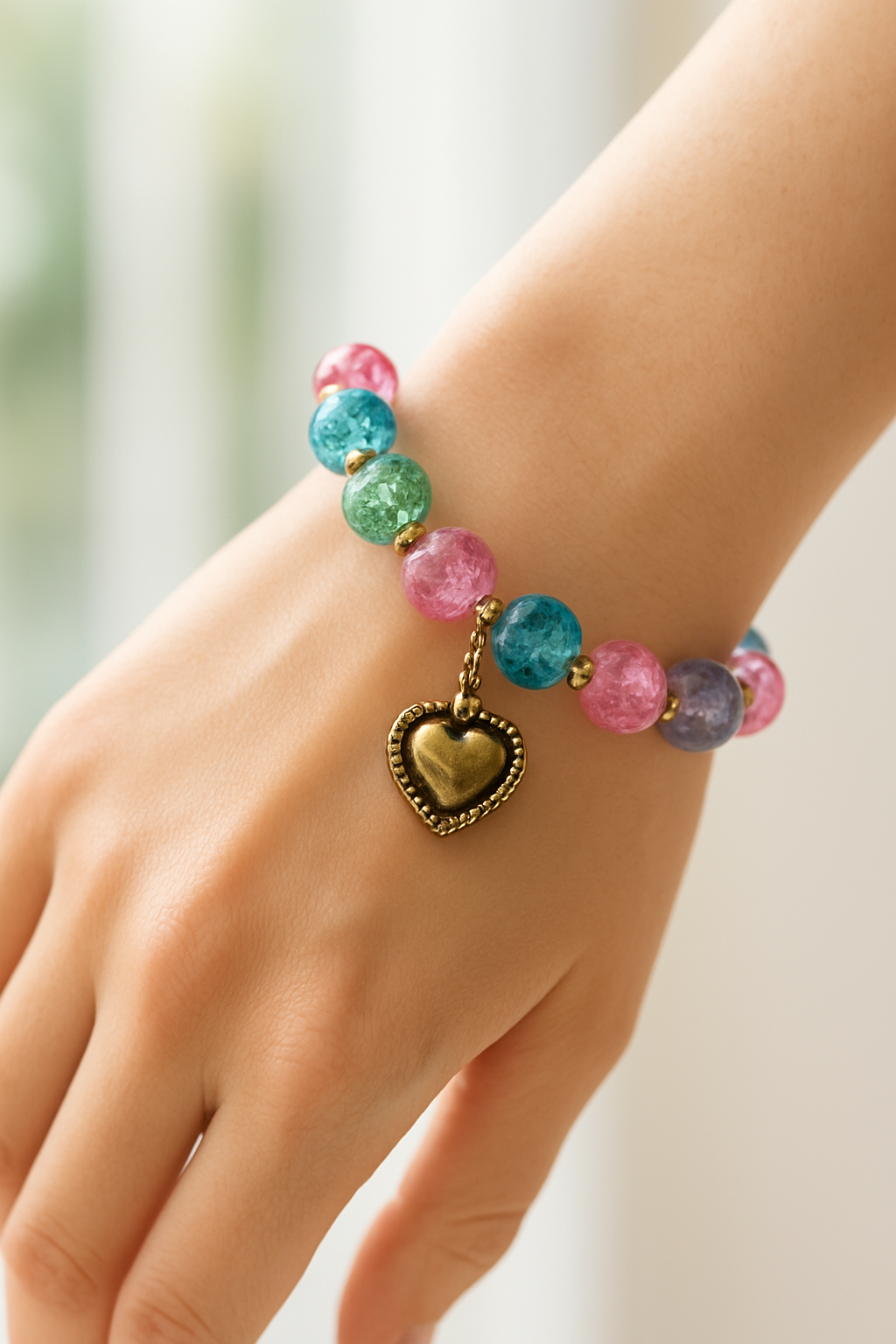 Pookie Box – Crackle Glass Beaded Bracelet (Multicolor) with Gold Heart Diamond Charm