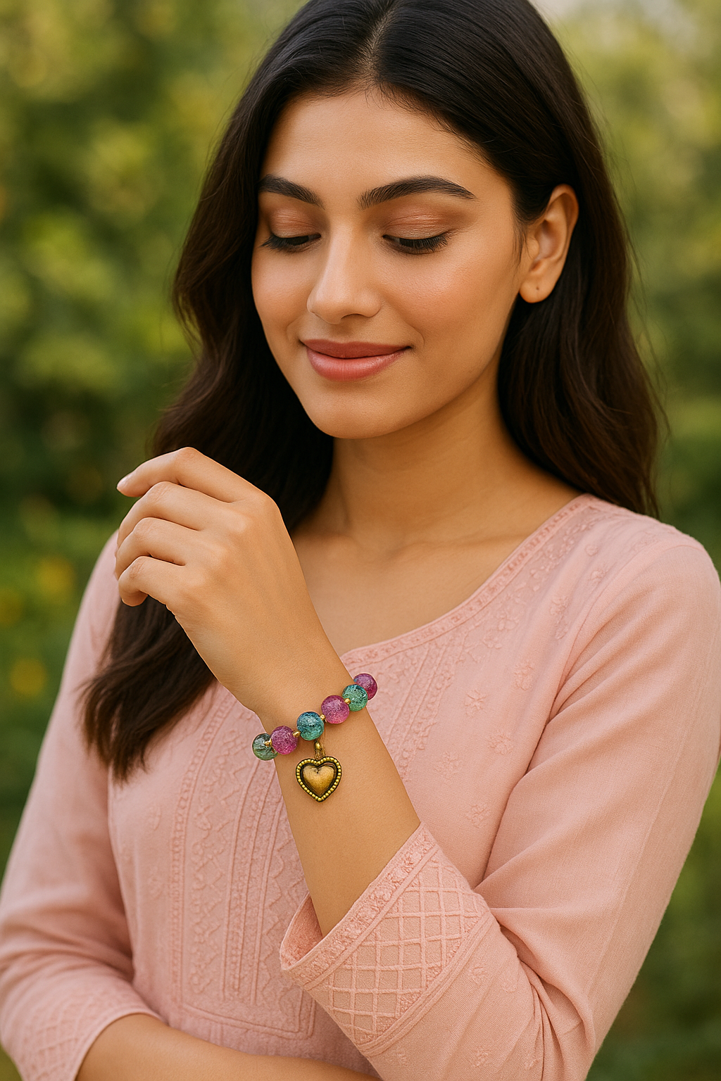 Pookie Box – Crackle Glass Beaded Bracelet (Multicolor) with Gold Heart Diamond Charm