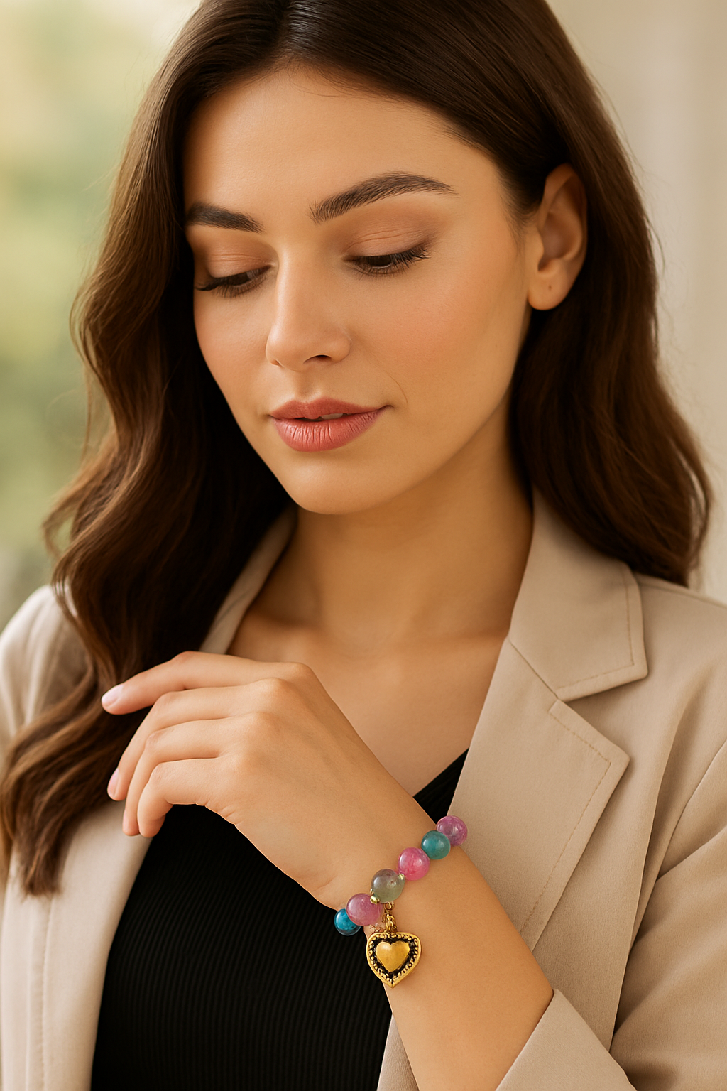 Pookie Box – Crackle Glass Beaded Bracelet (Multicolor) with Gold Heart Diamond Charm